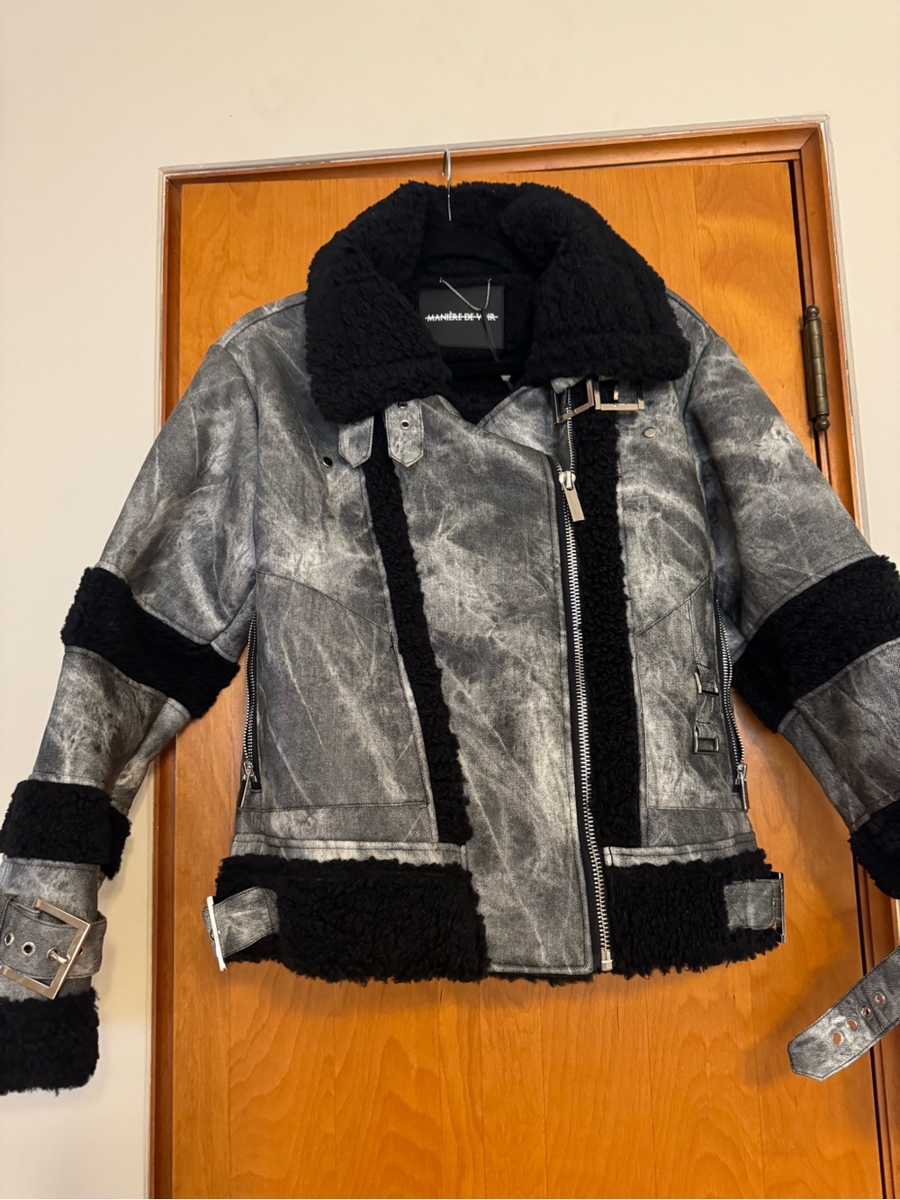 Manière De Voir Distressed Gray & Black Faux Shearling Biker Jacket